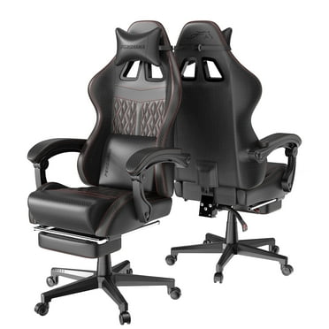 Huracan Gaming Chair with Footrest,Computer Office Chair with Massage Lumbar Support & Headrest, High Back Vintage Game Chair for Adults, Black