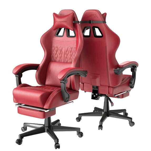 Huracan Gaming Chair with Footrest,Computer Office Chair with Massage Lumbar Support & Headrest, High Back Vintage Game Chair for Adults, Red