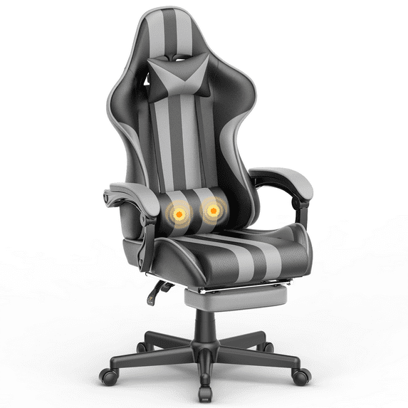 Huracan Gaming Chair Office Chair, Computer Chair with Footrest & Massage Lumbar Pillow, Game Gamer Chair with Adjustable Headrest, Ergonomic Swivel Desk Chair, Grey