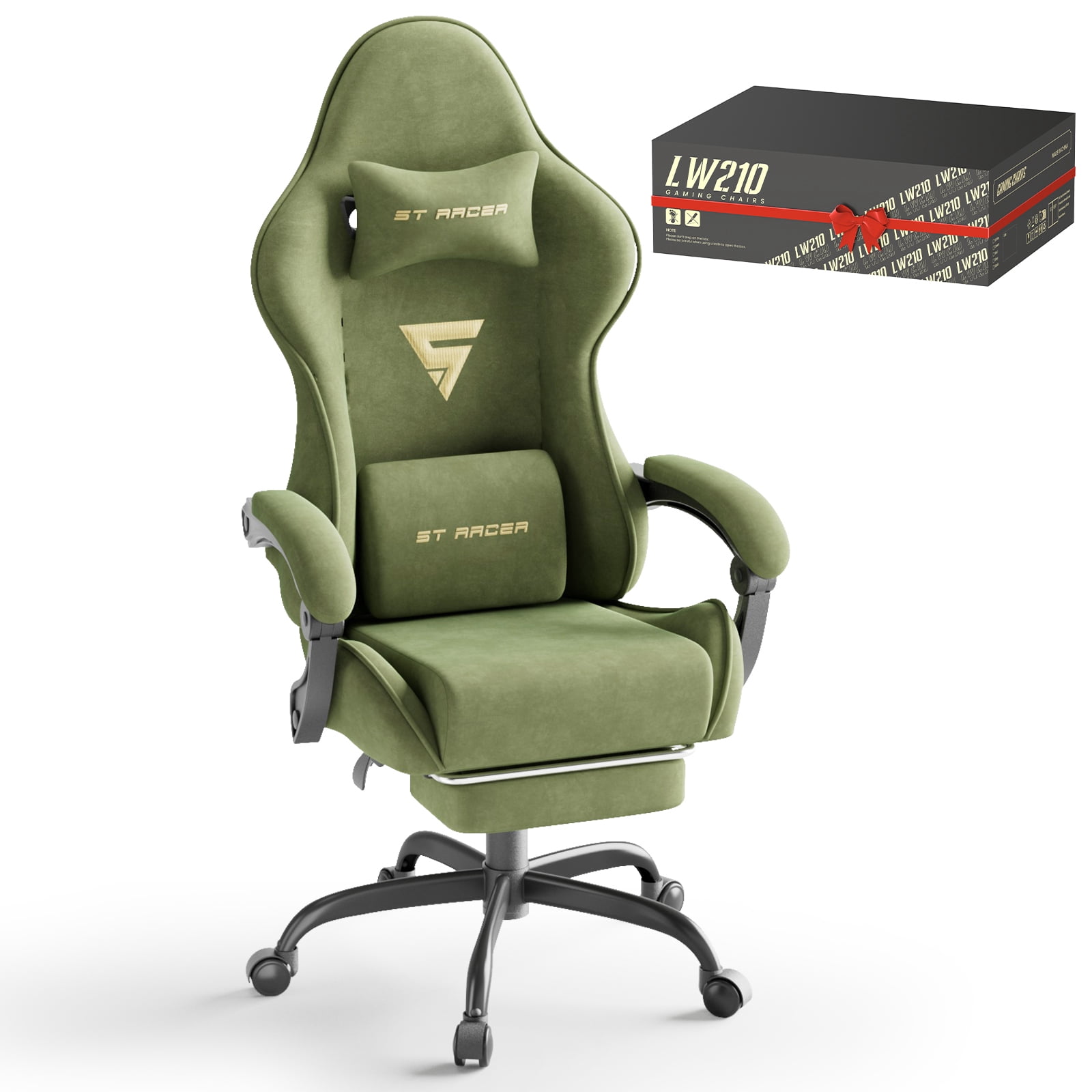 Huracan Velvet Fabric Gaming Chair Ergonomic Office Chair with Footrest High Back Gamer Chiar for Adults Video Gaming Chair with Massage Lumbar Cushion PC Gaming Chair for Home Office,Green
