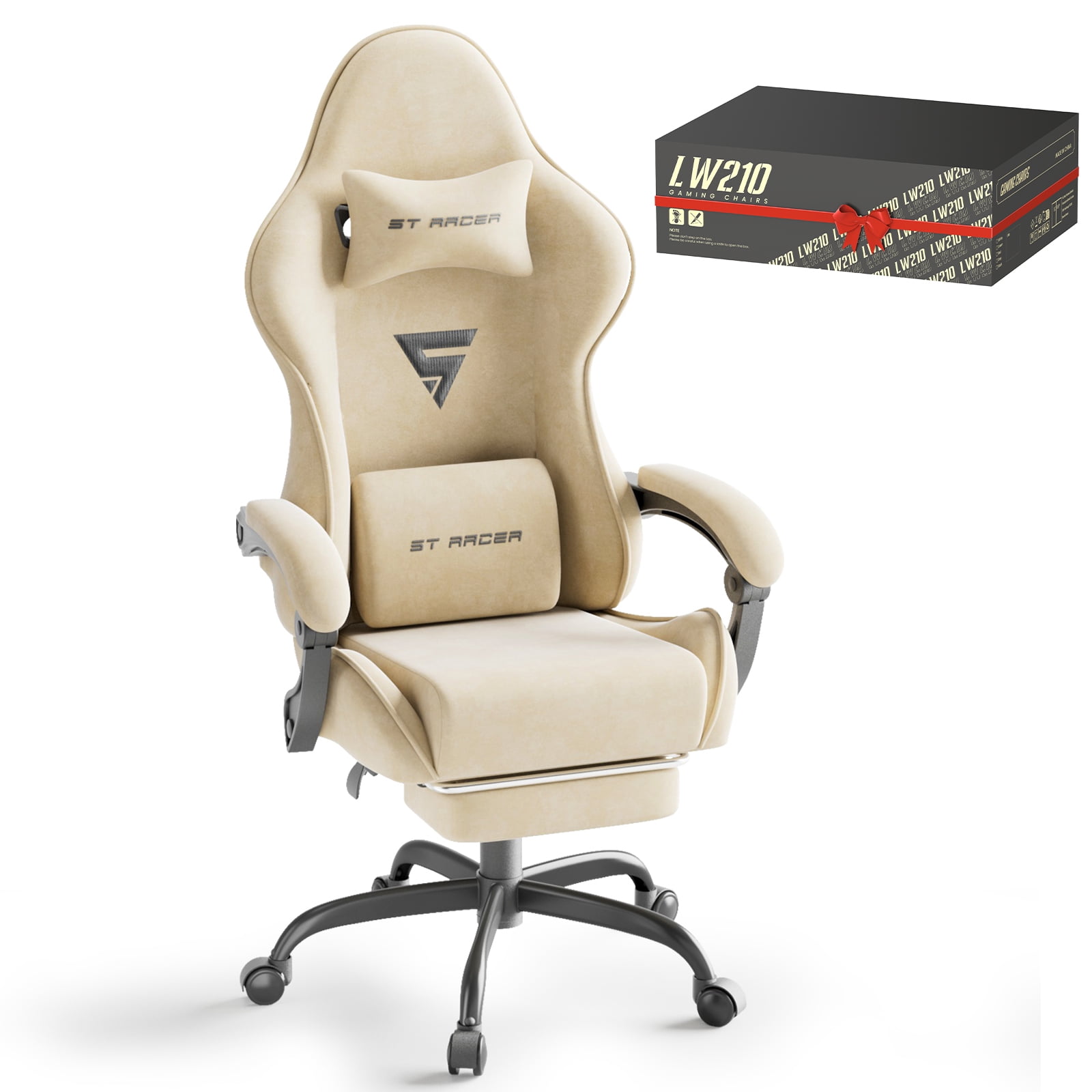 Huracan Velvet Fabric Gaming Chair Ergonomic Office Chair with Footrest High Back Gamer Chiar for Adults Video Gaming Chair with Massage Lumbar Cushion PC Gaming Chair for Home Office,Beige