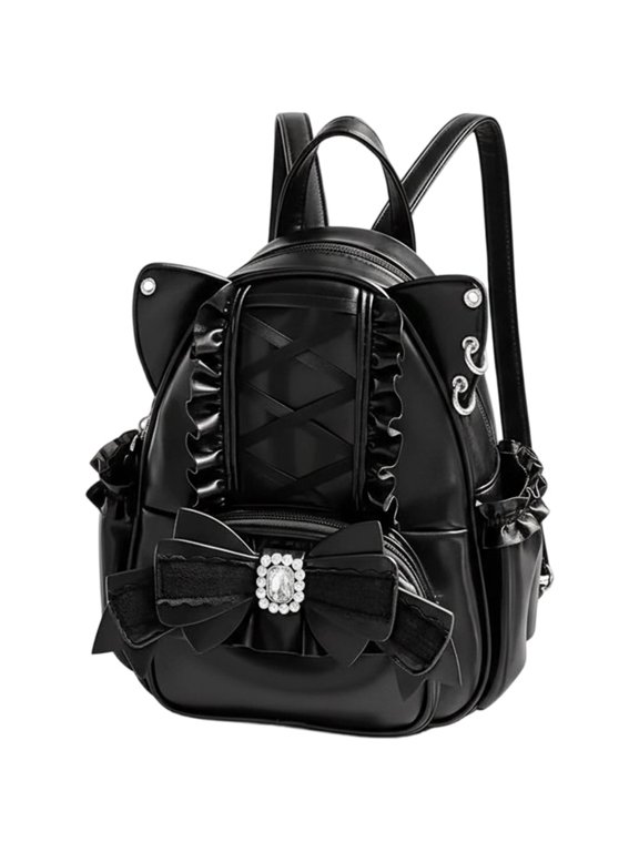 Hurajuku Backpack Lace Cat's Ear Bag PU Leather Backpack Cute Large Capacity Lolita Sweet Bow Rucksack Bag Y2K Daypack