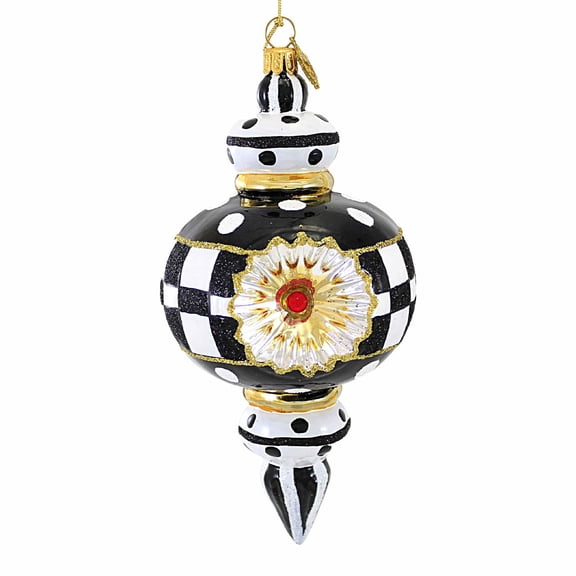 Huras Family Black And White Delight Icicle Reflector - 1 Glass Tree Ornament 6.0 Inch, Glass - Hand Painted Bold Design Pattern Bw964
