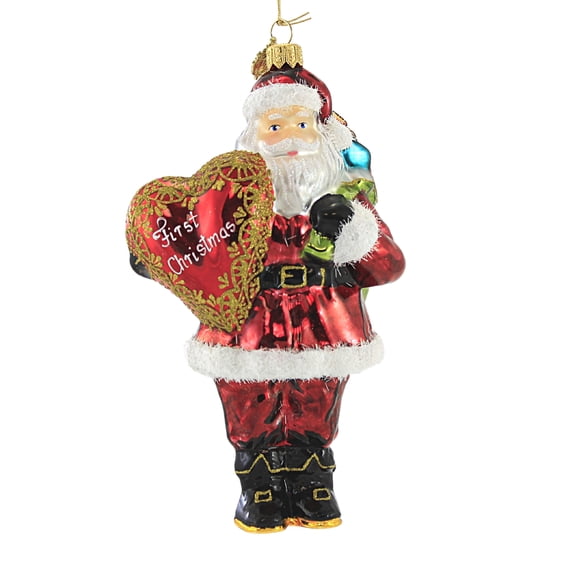 Huras Family First Christmas Santa & Heart - 1 Glass Ornament 7.25 Inch, Glass - Ornament Wedding Love Marriage S884ab