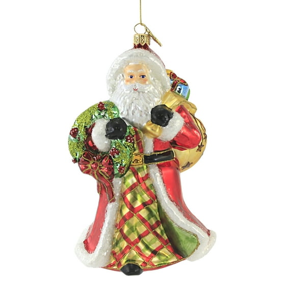Huras Family Santa W/ Poinsettia Wreath - 1 Glass Ornament 7.25 Inch, Glass - Ornament Floral Plaid Flowers S563