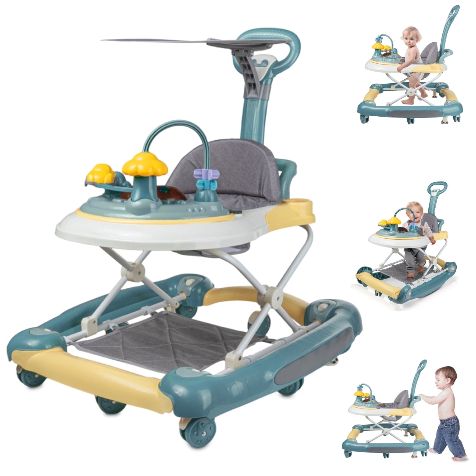 HAOUUCYIN 4-in-1 Baby Walker, Music Activity Push Walker with Wheel, Foldable and Height Adjustable, Green