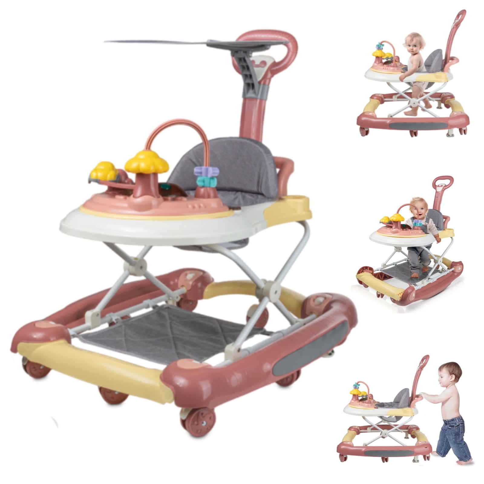 HAOUUCYIN 4-in-1 Baby Walker, Music Activity Push Walker with Wheel, Foldable and Height Adjustable, Pink