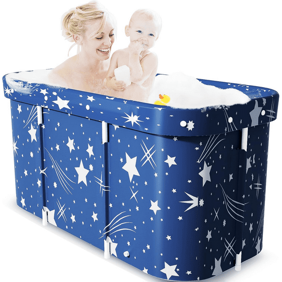 Hurber 47in Large Foldable Bath Tub, Adult Kid Portable Bathtub Freestanding Soaking Tub, Thickened Insulation, Blue Starry