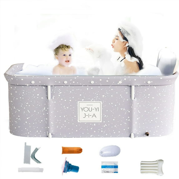 Hurber 47in Large Foldable Bath Tub, Adult Kid Portable Bathtub Freestanding Soaking Tub, Thickened Insulation, Grey