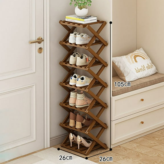 Hurber 7-Layers Foldable Shoes Rack, Installation-Free Bamboo Shoe Shelf for Entryway, Brown