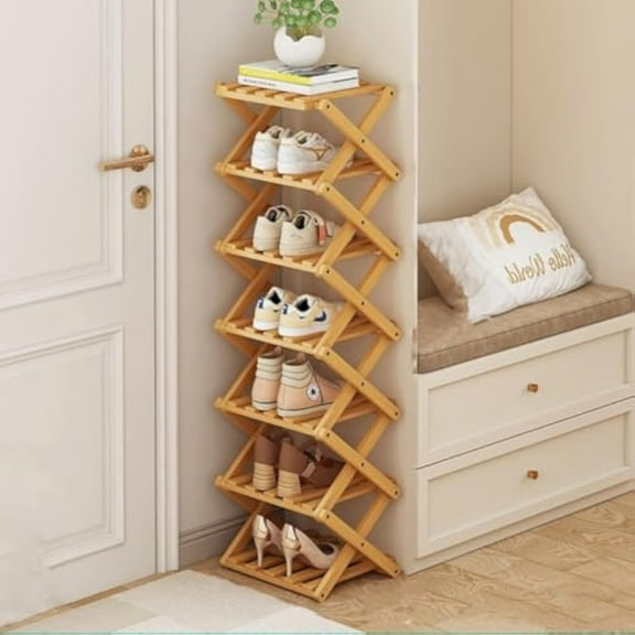Hurber 7-Layers Foldable Shoes Rack, Installation-Free Bamboo Shoe Shelf for Entryway, Wood Color