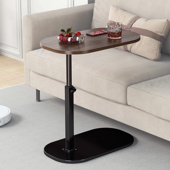 Hurber C Shaped Side Table, Adjustable Height 360°Swivel Tea Table, Walnut Color