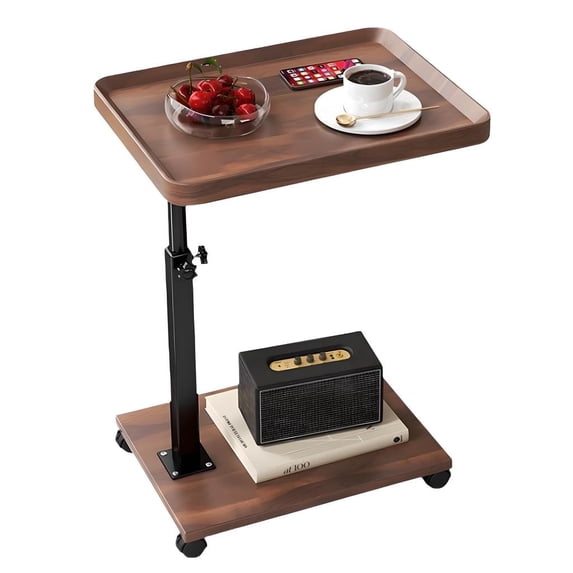 BEJOLO C Shaped Side Table with Wheels, Adjustable Height Tea Table, Rectangular, Walnut Color