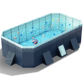 Hurber Foldable Swimming Pool, Large Non-Inflatable Adults Kiddie Outdoor Pools, Blue, 113" x 66" x 20"