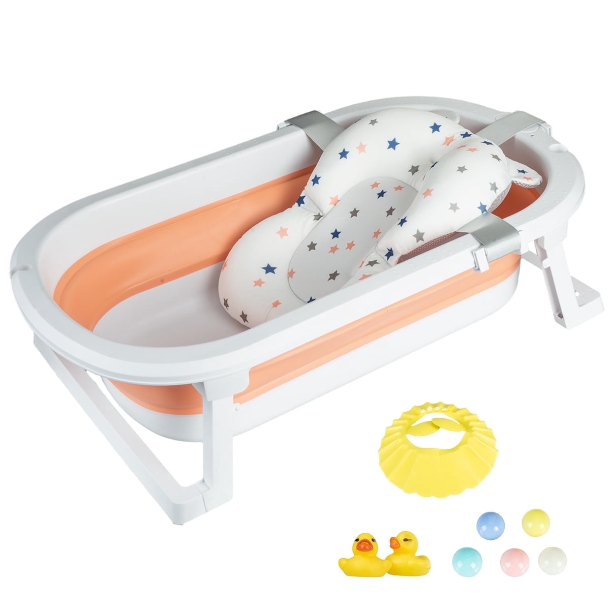 Hurber Folding Baby Bathtub, Infant Bath Tub with Anti Slip Pad, Girls, Pink w/Floating Pad
