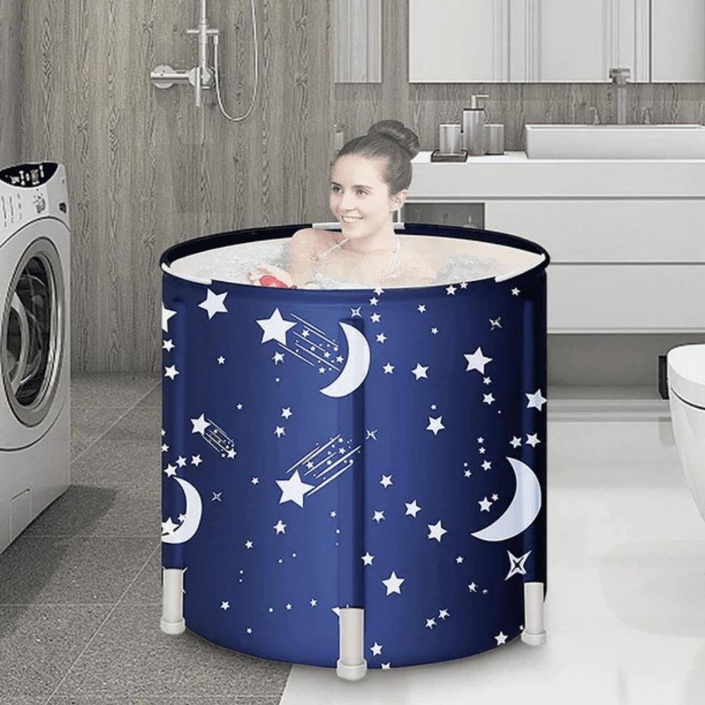 Hurber Folding Bathtub Portable Shower Bath Tub, for Adults or Kids Efficiently Maintaining Temperature Soaking Tub, Blue, Starry Pattern