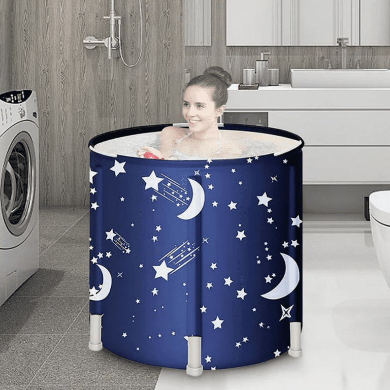 Hurber Folding Bathtub Portable Shower Bath Tub for Adults or Kids Efficiently Maintaining Temperature Soaking Tub Blue Starry Pattern
