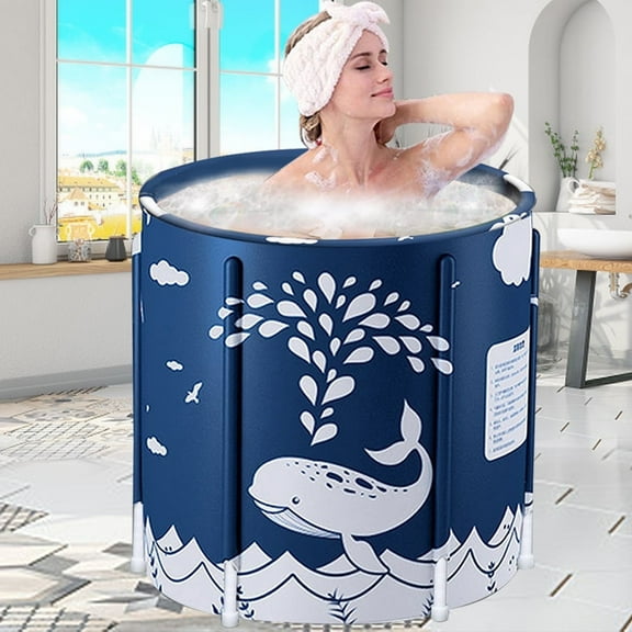 Hurber Folding Bathtub Portable Shower Bath Tub, for Adults or Kids Efficiently Maintaining Temperature Soaking Tub, Blue, Whale Pattern