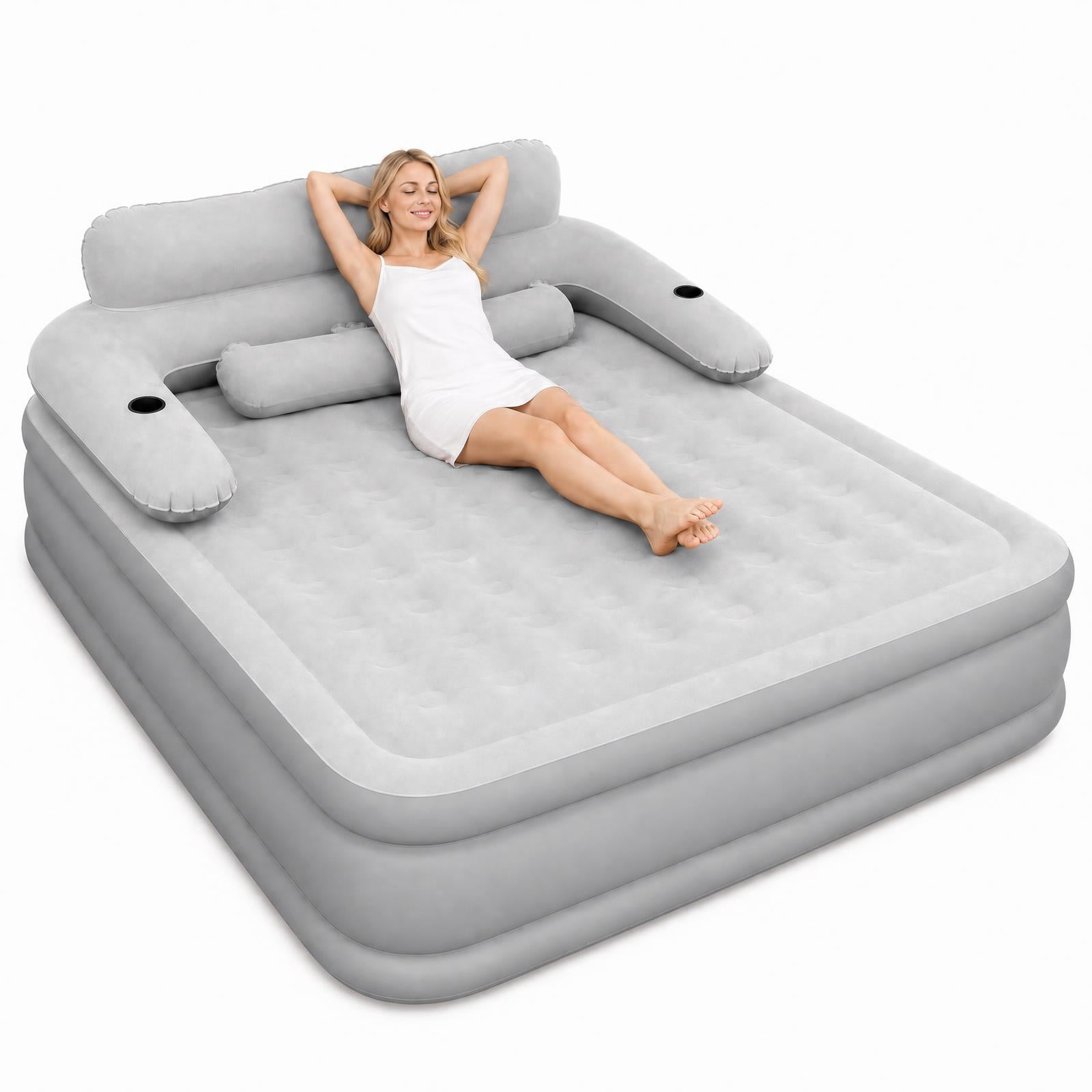 Hurber Queen Size Air Mattress with Built-in Pump & Headboard, 18 in Portable Inflatable Bed with Cup Holders for Home Guests Outdoor