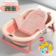 Hurber Large Folding Baby Bathtub, Infant Bath Tub with Temperature Sensitive Display & Anti-Slip Pad, Pink with Net Pad