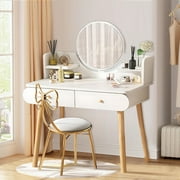 Hurber Vanity Table Set with Mirror, Modern Makeup Vanity Dressing Desk with 2 Drawers & 2 Shelves ,White (Without Stool)