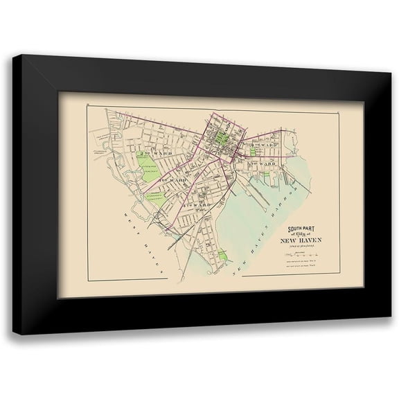 Hurd 14x10 Black Modern Framed Museum Art Print Titled - New Haven, South Connecticut South Part - Hurd