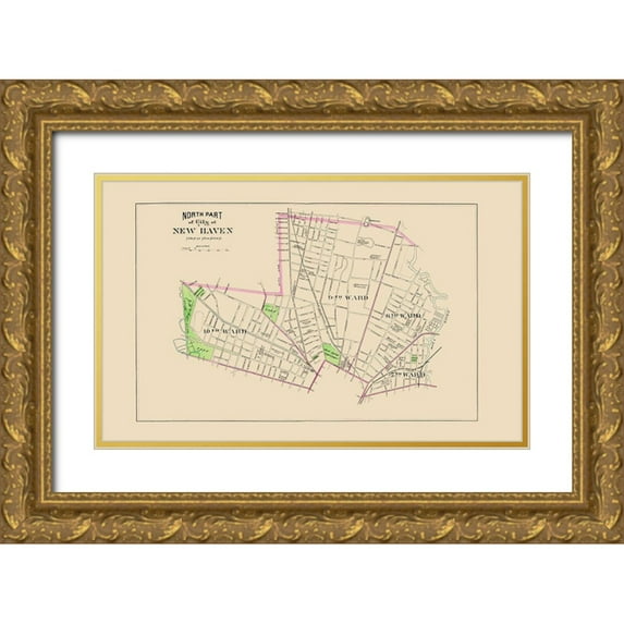Hurd 32x21 Gold Ornate Wood Framed with Double Matting Museum Art Print Titled - New Haven, North Connecticut North Part - Hurd