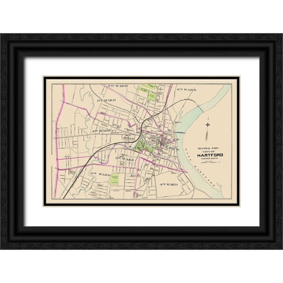 Hurd 32x22 Black Ornate Wood Framed with Double Matting Museum Art Print Titled - Hartford Connecticut Central Part - Hurd 1893