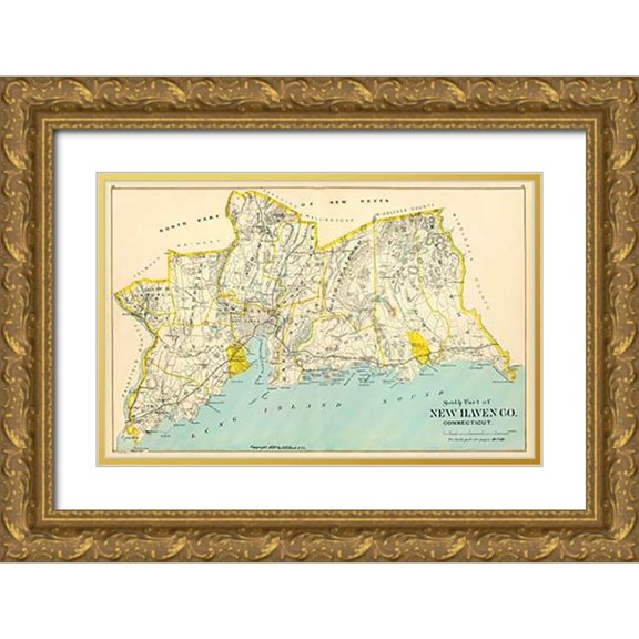 Hurd and Co., D.H 32x22 Gold Ornate Wood Framed with Double Matting Museum Art Print Titled - Connecticut: New Haven County South, 1893