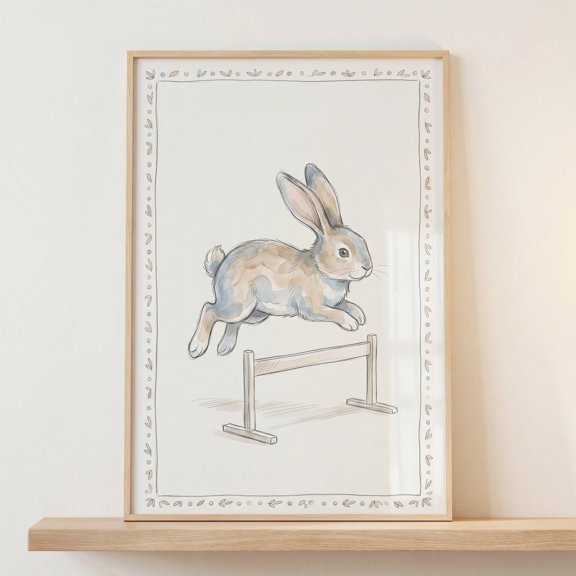 Hurdle Rabbit Jumping Bunny Animal Woodland Nursery Poster , Poster Print Only