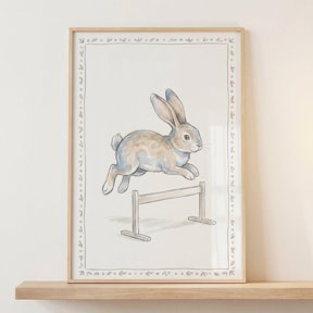 Hurdle Rabbit Jumping Bunny Animal Woodland Nursery Poster , Poster Print Only