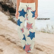 Huresd 2024 4th Of July Women's Pajamas Pants Patriotic Casual Drawstring Lounge Pants Wide Leg Usa Flag Print Trousers Khaki XL