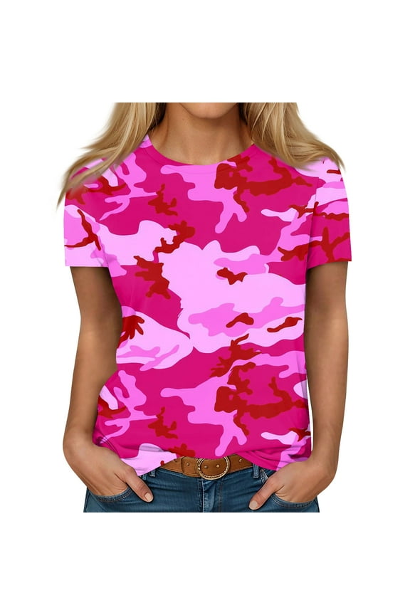 Camo Womens Casual Crew Neck Tshirt Smooth Fashion Short Sleeve Elastic T Shirt Tops Hot Pink S