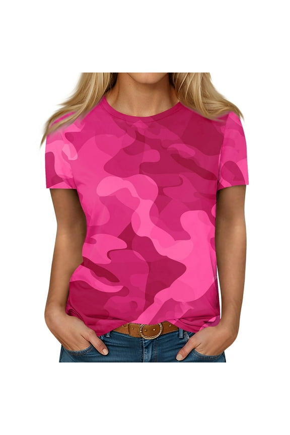 Camo Womens Casual Crew Neck Tshirt Smooth Fashion Short Sleeve Elastic T Shirt Tops Red XL
