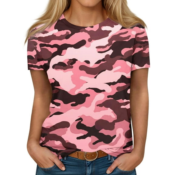 Huresd Camo Womens Casual Crew Neck Tshirt Smooth Fashion Short Sleeve Elastic T Shirt Tops Wine S