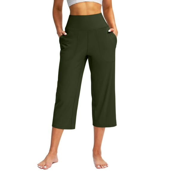 Huresd Capri Pants for Women, Summer Casual Pull On Womens Capris with Pockets, Women's Casual Pants & Capris, Ladies Capris Army Green M