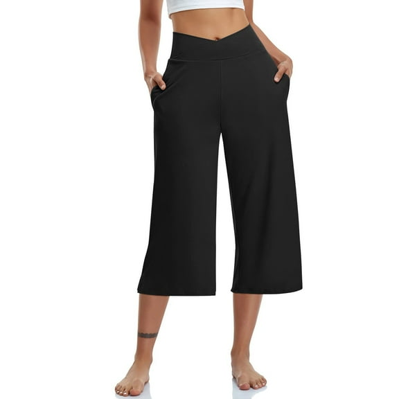Huresd Capri Pants for Women, Summer Casual Pull On Womens Capris with Pockets, Women's Casual Pants & Capris, Ladies Capris Black L