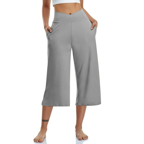 Huresd Capri Pants for Women, Summer Casual Pull On Womens Capris with Pockets, Women's Casual Pants & Capris, Ladies Capris Gray S