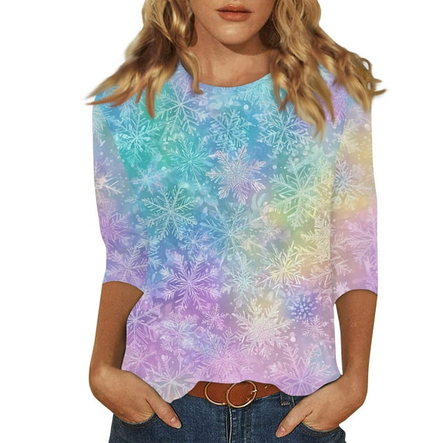 Huresd Christmas Shirts for Women 2024 3/4 Length Sleeve Cute Snowman