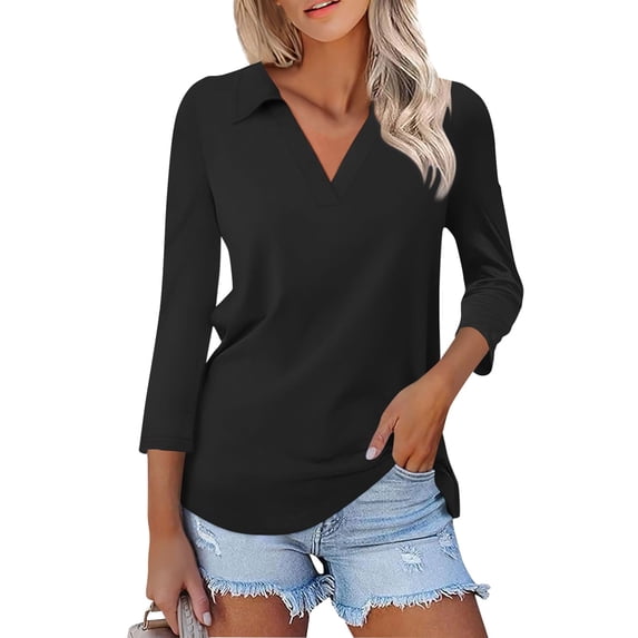 Huresd Golf Shirts for Women V Neck 3/4 Sleeve Tops Polo Shirts Color Block Golf Clothes for Women Black M