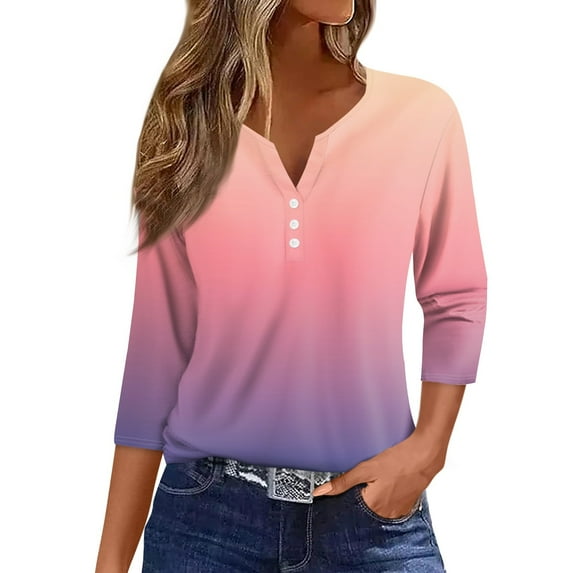 Huresd Golf Shirts for Women V Neck 3/4 Sleeve Tops Polo Shirts Color Block Golf Clothes for Women Pink XL