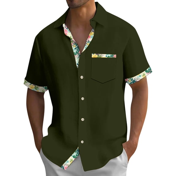 Huresd Mens Short Sleeve Guayabera Shirts Button Down Solid Color Mexican Embroidered Cuban Wedding Shirt Summer Top Army Green XL