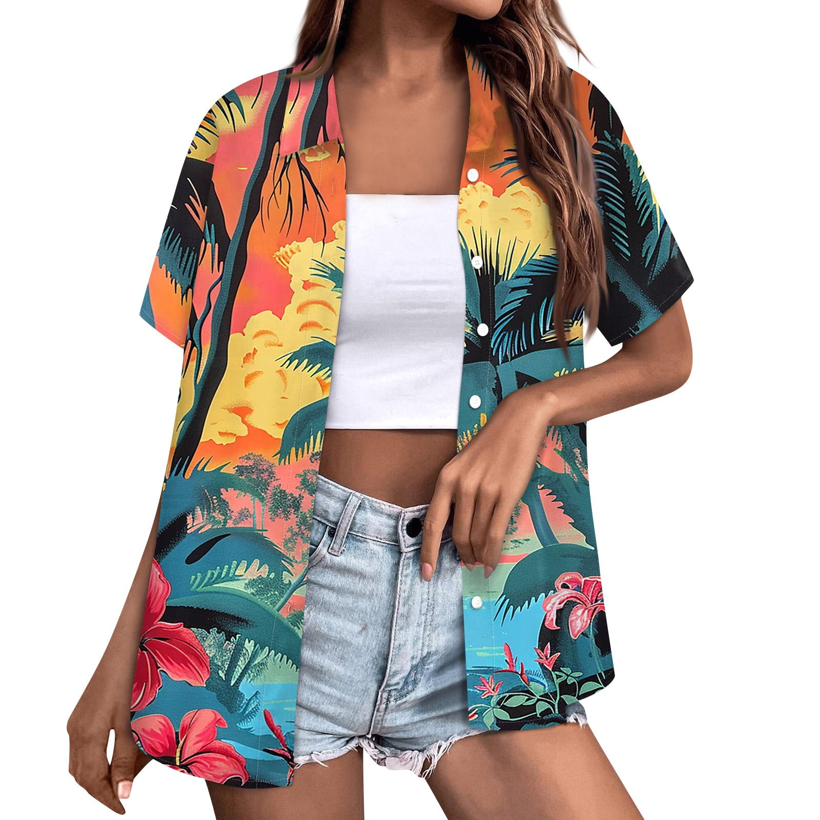 Tropical Print Short Sleeve Tie Neck Blouse