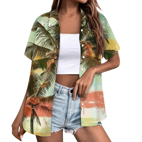 Huresd Hawaiian Shirts for Women Shirt 2024 Hawaiian Tropical Palm Tree Print Button Down Collar Short Sleeve 2024 Summer Beach Luau Party Tops M Gray