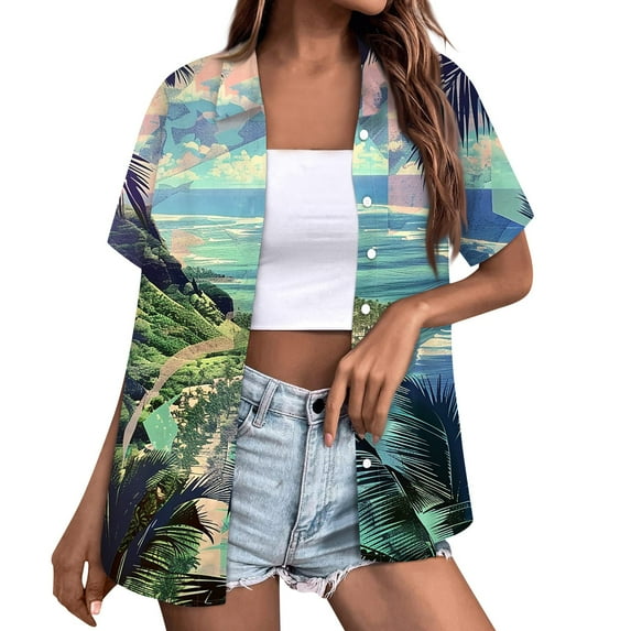 Huresd Hawaiian Shirts for Women Shirt 2024 Hawaiian Tropical Palm Tree Print Button Down Collar Short Sleeve 2024 Summer Beach Luau Party Tops XL Blue