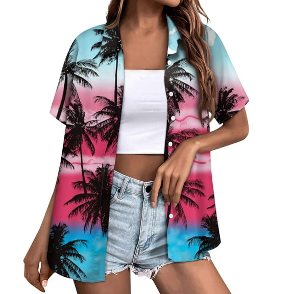Huresd Hawaiian Shirts for Women Soft Hawaiian Tropical Palm Tree Print Blouse Dress Shirt New Button Down Collar Short Sleeve Party Vacation Shirt L Purple Pink