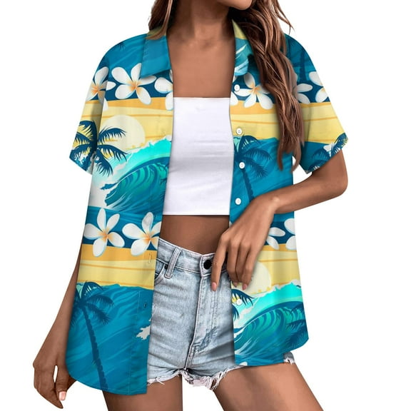 Huresd Hawaiian Shirts for Women Soft Hawaiian Tropical Palm Tree Print Blouse Dress Shirt New Button Down Collar Short Sleeve Party Vacation Shirt M Light Blue