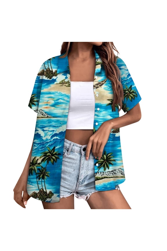 Hawaiian Shirts for Women Soft Hawaiian Tropical Palm Tree Print Blouse Dress Shirt New Button Down Collar Short Sleeve Party Vacation Shirt XL Sky Blue