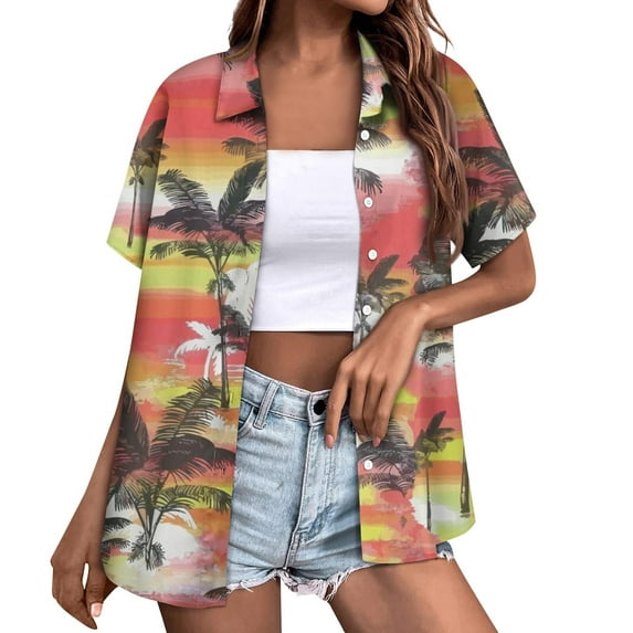 Huresd Hawaiian Shirts for Women Soft Hawaiian Tropical Palm Tree Print Blouse Dress Shirt New Button Down Collar Short Sleeve Party Vacation Shirt XL Light pink