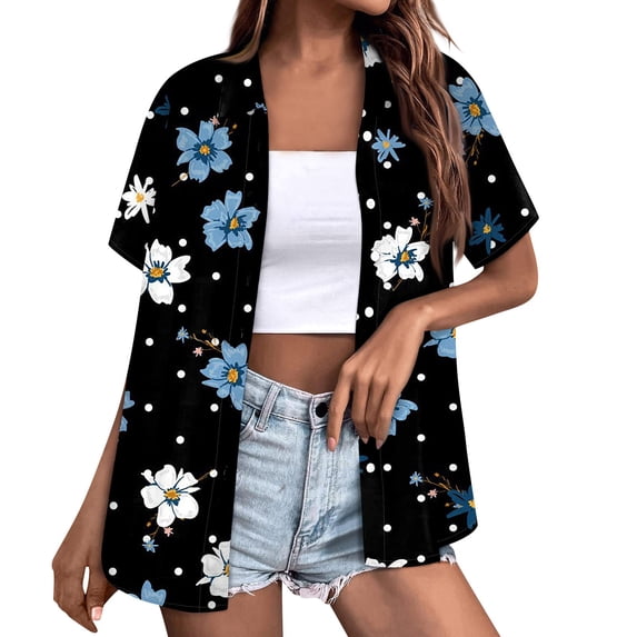 Huresd Hawaiian Shirts for Women Palm Tree Button Down Short Sleeve Holiday Tropical Blouse Black S